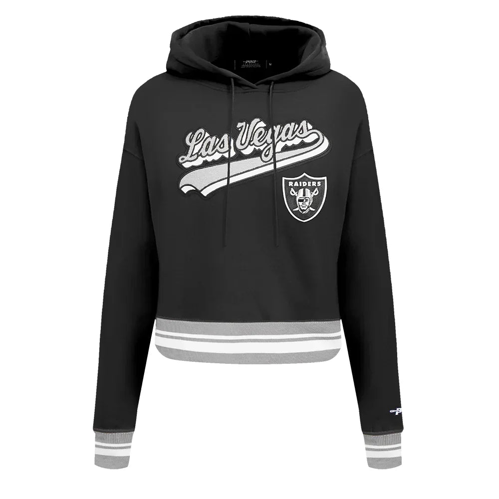 Women's Pro Standard Las Vegas Raiders Black Script Tail Fleece Cropped Pullover Hoodie - Black Hoodie with Lining Warm Insulated Women's Pro Standard Las Vegas Raiders Black Script Tail Fleece Cropped Pullover Hoodie - Black Hoodie with Lining Warm Insulated