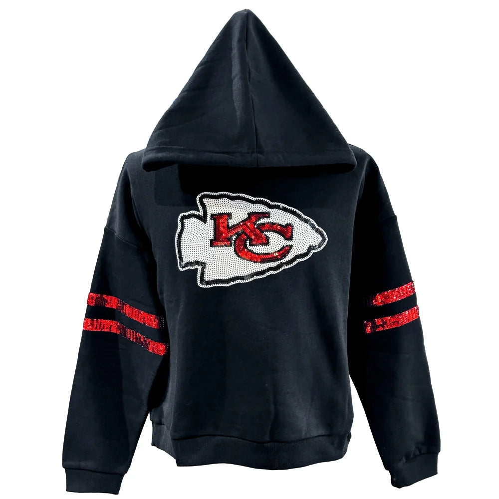 Kansas City Chiefs Women's Cuce Sequin Cropped Pullover Hoodie Hoodie with Fur Luxurious Winter Kansas City Chiefs Women's Cuce Sequin Cropped Pullover Hoodie Hoodie with Fur Luxurious Winter