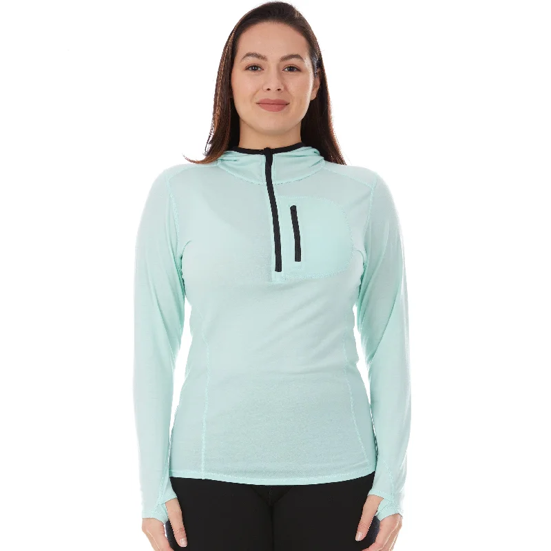 Micro Weight - Women's Wool 1/4 Zip Sun Hoodie Woolverino Hoodie with Strings Custom Fit Adjustable Micro Weight - Women's Wool 1/4 Zip Sun Hoodie Woolverino Hoodie with Strings Custom Fit Adjustable