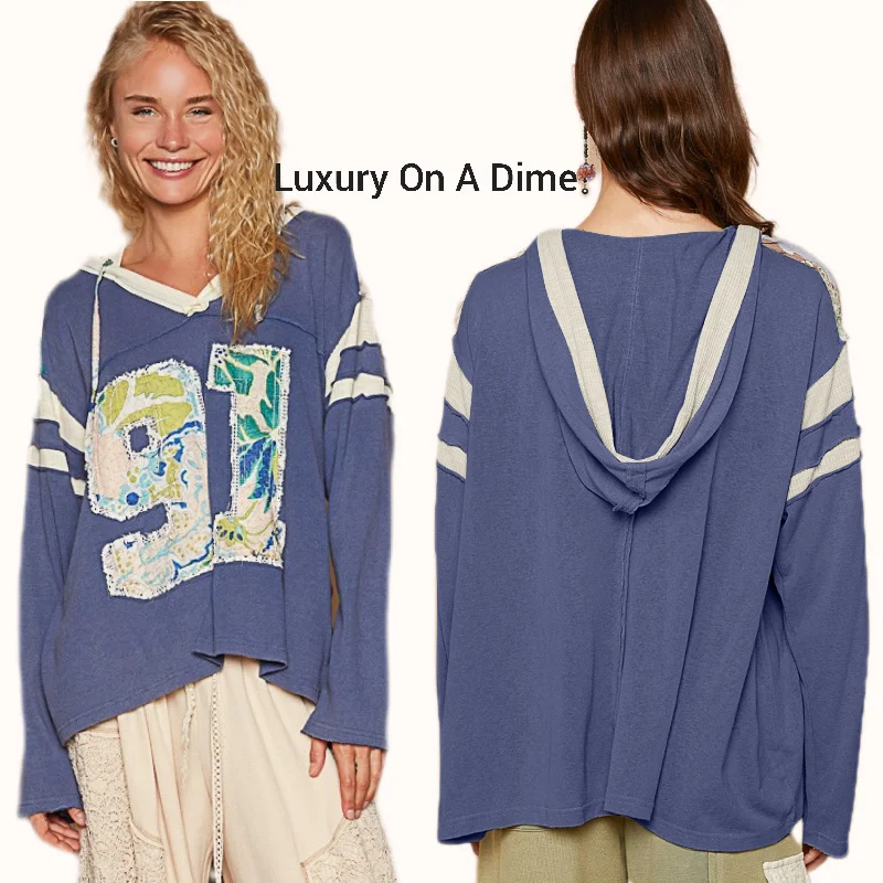 POL Patchwork Hoodie Hobo Retro 91 Exposed Seam Oversized Top Hippie Boho Shirt Hoodie with Cuffed Sleeves Snug Secure POL Patchwork Hoodie Hobo Retro 91 Exposed Seam Oversized Top Hippie Boho Shirt Hoodie with Cuffed Sleeves Snug Secure