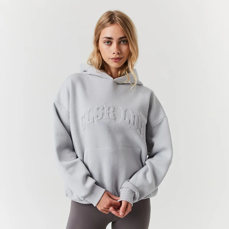 Embossed Varsity Hoodie | Ice Grey Hoodie with Elastic Waist Stretchable Comfortable Embossed Varsity Hoodie | Ice Grey Hoodie with Elastic Waist Stretchable Comfortable