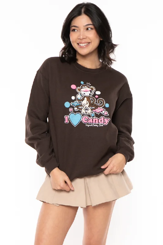 I Love Candy - Bobby Jack Crew Sweatshirt - Brown Hoodie with Elastic Waist Stretchable Comfortable I Love Candy - Bobby Jack Crew Sweatshirt - Brown Hoodie with Elastic Waist Stretchable Comfortable