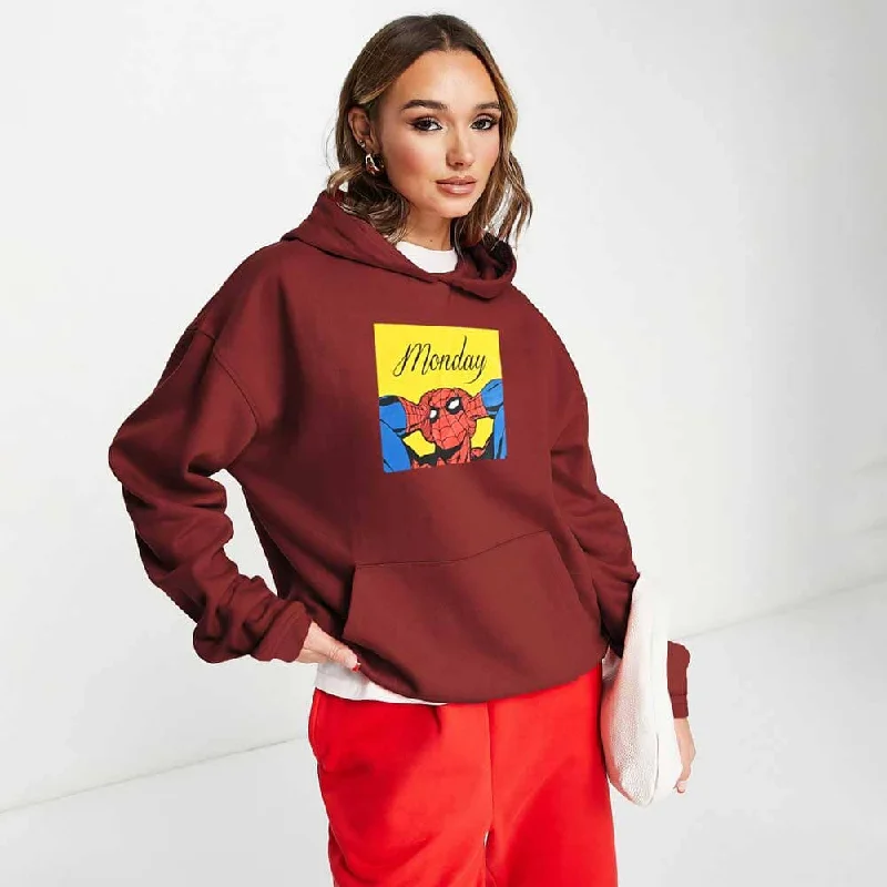 Safina Women's Monday Spider-Man Printed Oversized Fleece Pullover Hoodie Hoodie with Earth Tones Natural Calm Safina Women's Monday Spider-Man Printed Oversized Fleece Pullover Hoodie Hoodie with Earth Tones Natural Calm