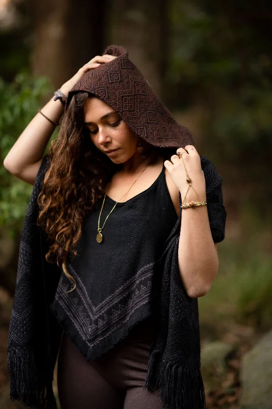 Vayana Tribe Hoodie Shawl - Brown Hood/Black-Gray Shawl Hoodie with Raw Hem Edgy Unfinished Vayana Tribe Hoodie Shawl - Brown Hood/Black-Gray Shawl Hoodie with Raw Hem Edgy Unfinished