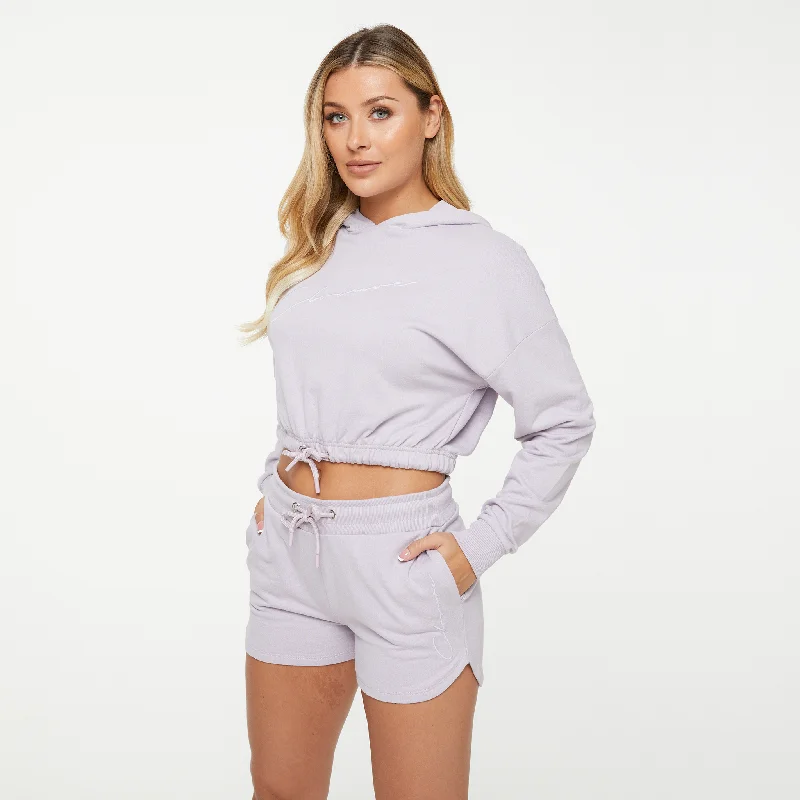 Tonal Embroidered Cropped Hoodie Twinset | Purple Hoodie with Side Slits Relaxed Casual Tonal Embroidered Cropped Hoodie Twinset | Purple Hoodie with Side Slits Relaxed Casual