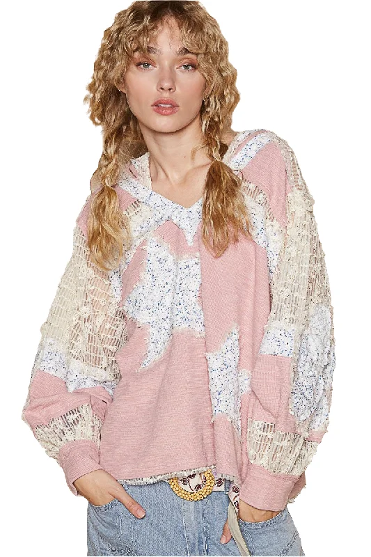 POL Lace Hoodie Star Patchwork Pullover Top Long Sleeve Oversized Bohemian Shirt Hoodie with V-Neck Classic Versatile POL Lace Hoodie Star Patchwork Pullover Top Long Sleeve Oversized Bohemian Shirt Hoodie with V-Neck Classic Versatile