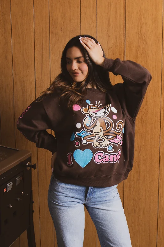 I Love Candy - Bobby Jack Oversized Premium Sweatshirt - Brown Hoodie with Bell Sleeves Flared Feminine I Love Candy - Bobby Jack Oversized Premium Sweatshirt - Brown Hoodie with Bell Sleeves Flared Feminine