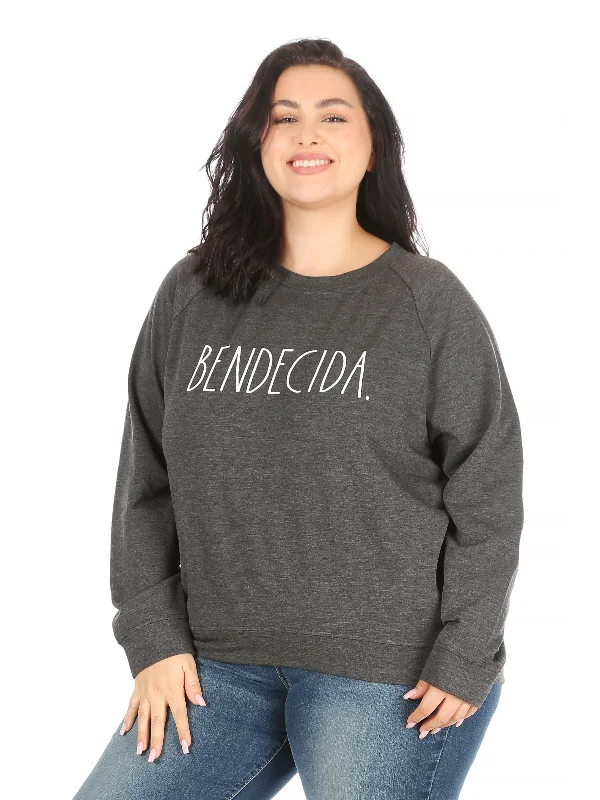 Women's "BENDECIDA" Plus Size Studio Raglan Sweatshirt Hoodie with Hood Adjustable Protection Women's "BENDECIDA" Plus Size Studio Raglan Sweatshirt Hoodie with Hood Adjustable Protection