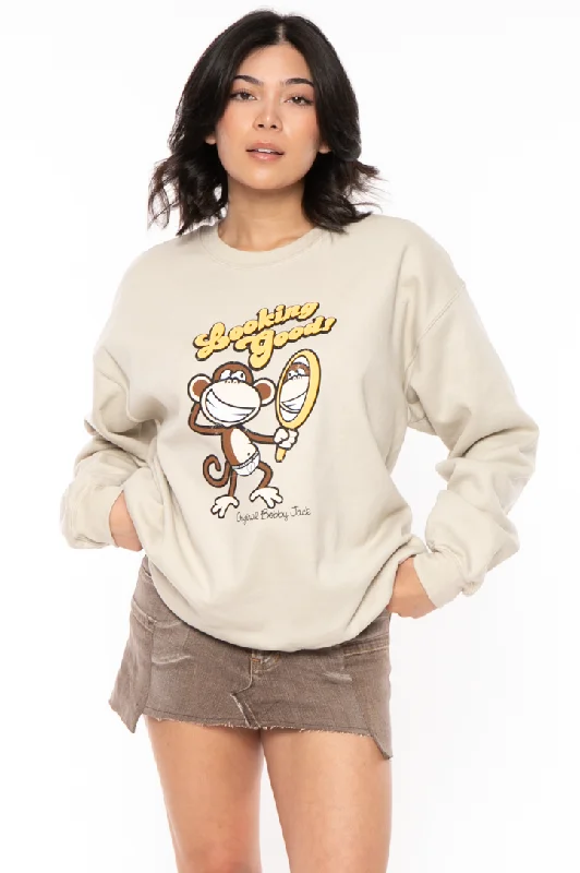 Looking Good - Bobby Jack Crew Sweatshirt - Sand Hoodie with Drawstring Waist Adjustable Fitted Looking Good - Bobby Jack Crew Sweatshirt - Sand Hoodie with Drawstring Waist Adjustable Fitted