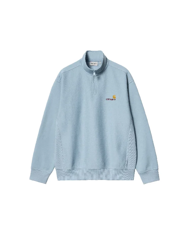 American Script Half Zip Sweatshirt - Frosted Blue Hoodie with V-Neck Classic Versatile American Script Half Zip Sweatshirt - Frosted Blue Hoodie with V-Neck Classic Versatile