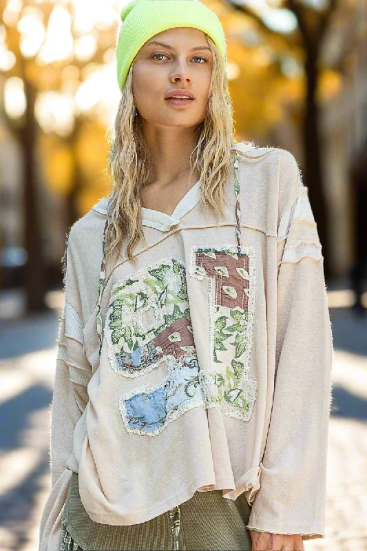 POL Patchwork Hoodie 91 Hobo Retro Exposed Seam Oversized Top Hippie Boho Shirt Hoodie with Elastic Cuffs Stretchable Comfortable POL Patchwork Hoodie 91 Hobo Retro Exposed Seam Oversized Top Hippie Boho Shirt Hoodie with Elastic Cuffs Stretchable Comfortable