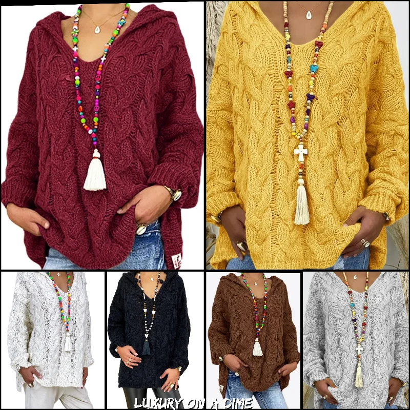 Chunky Cable-Knit Oversized Hoodie Long Sleeve Fall Winter Pullover Sweater Hoodie with Fur Luxurious Winter Chunky Cable-Knit Oversized Hoodie Long Sleeve Fall Winter Pullover Sweater Hoodie with Fur Luxurious Winter