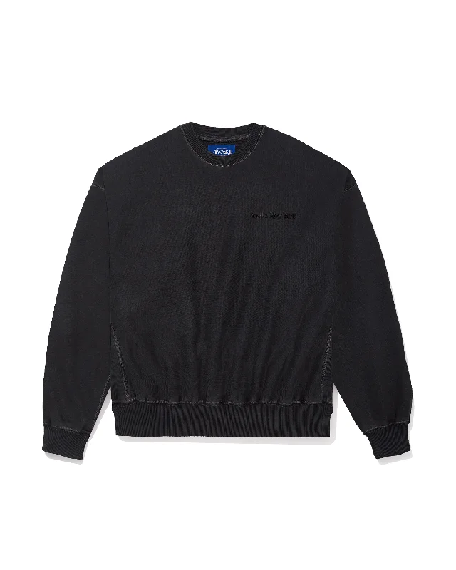 Pigment Dyed Embroidered Crewneck Sweatshirt - Black Hoodie with Raw Hem Edgy Unfinished Pigment Dyed Embroidered Crewneck Sweatshirt - Black Hoodie with Raw Hem Edgy Unfinished
