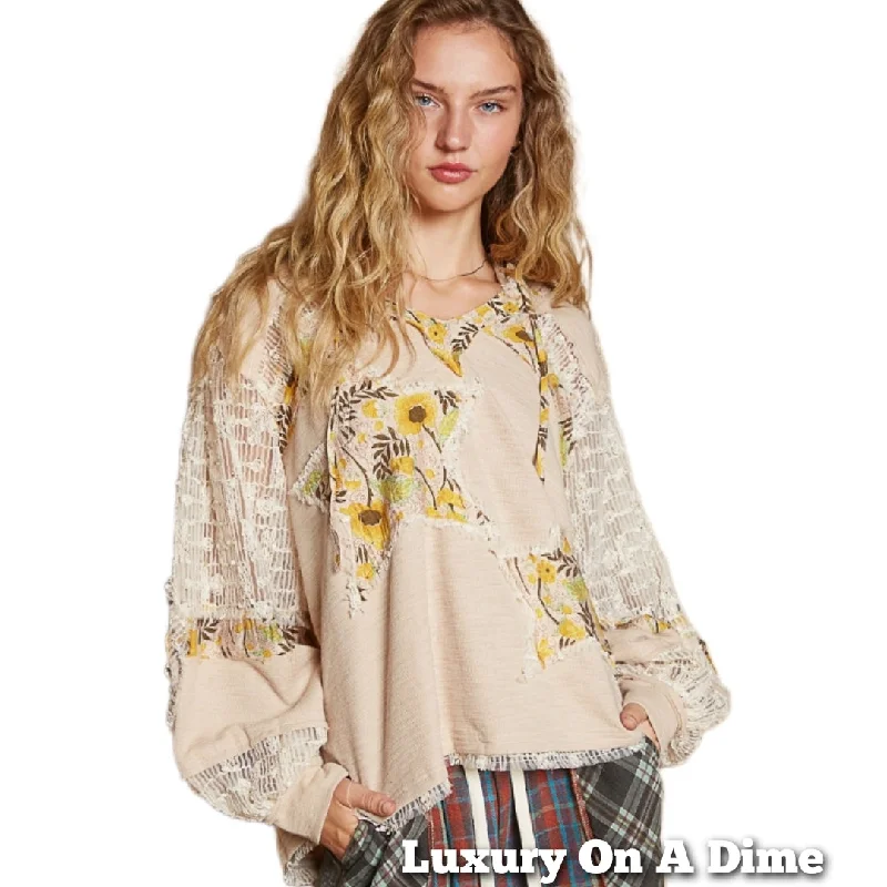 POL Lace Hoodie Star Floral Daisy Patchwork Pullover Top Long Sleeve Boho Shirt Hoodie with Crew Neck Simple Timeless POL Lace Hoodie Star Floral Daisy Patchwork Pullover Top Long Sleeve Boho Shirt Hoodie with Crew Neck Simple Timeless