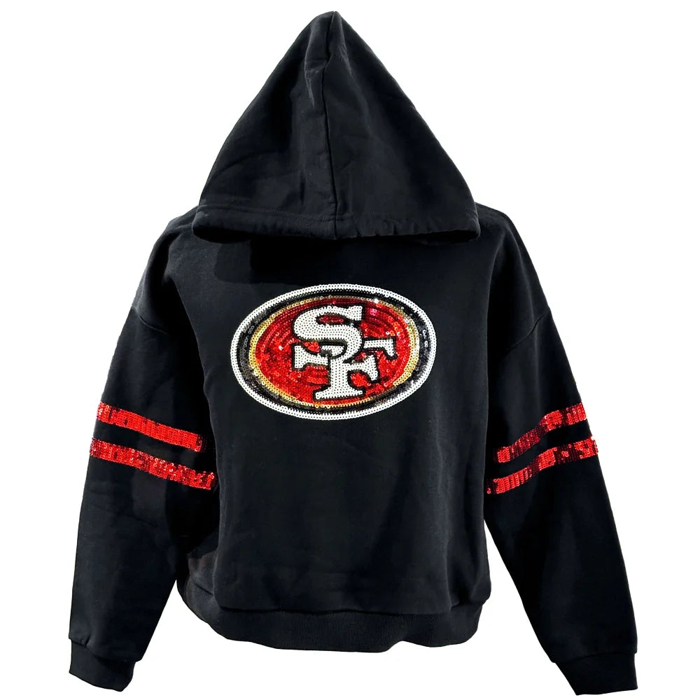 San Francisco 49ers Women's Cuce Sequin Cropped Pullover Hoodie Hoodie with Button Classic Timeless San Francisco 49ers Women's Cuce Sequin Cropped Pullover Hoodie Hoodie with Button Classic Timeless