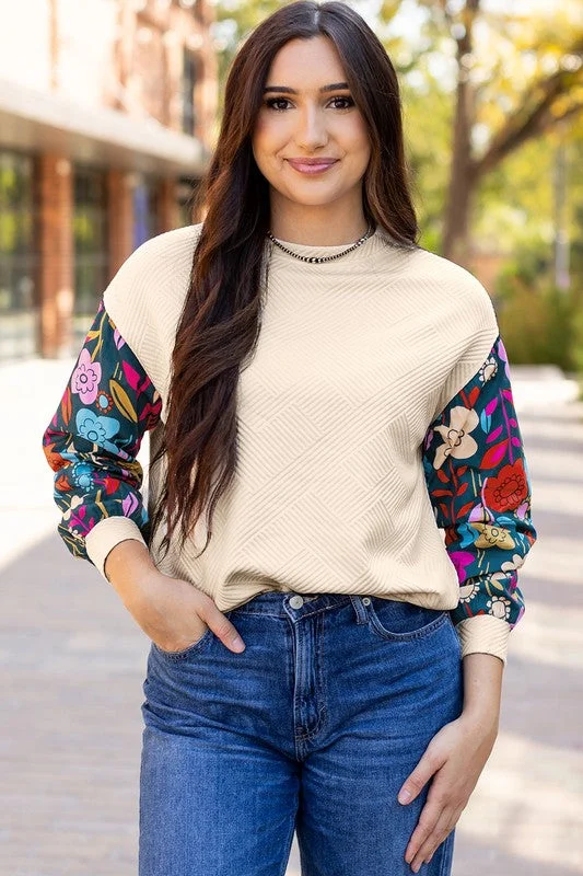 Contrast Floral Sleeve Textured Top Sweatshirts Hoodie with Hem Drawcord Adjustable Customizable Contrast Floral Sleeve Textured Top Sweatshirts Hoodie with Hem Drawcord Adjustable Customizable