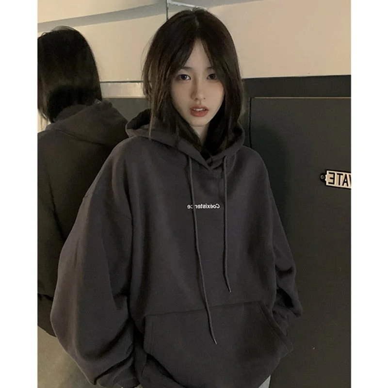 Wjczt Fashion Dark Grey Hoodie Fleece Thicken Sweatshirt Long Sleeve Korean Letter Printing Baggy Female Tops Pullover Hoodie Autumn Hoodie with Gradient Ombre Colorful Wjczt Fashion Dark Grey Hoodie Fleece Thicken Sweatshirt Long Sleeve Korean Letter Printing Baggy Female Tops Pullover Hoodie Autumn Hoodie with Gradient Ombre Colorful