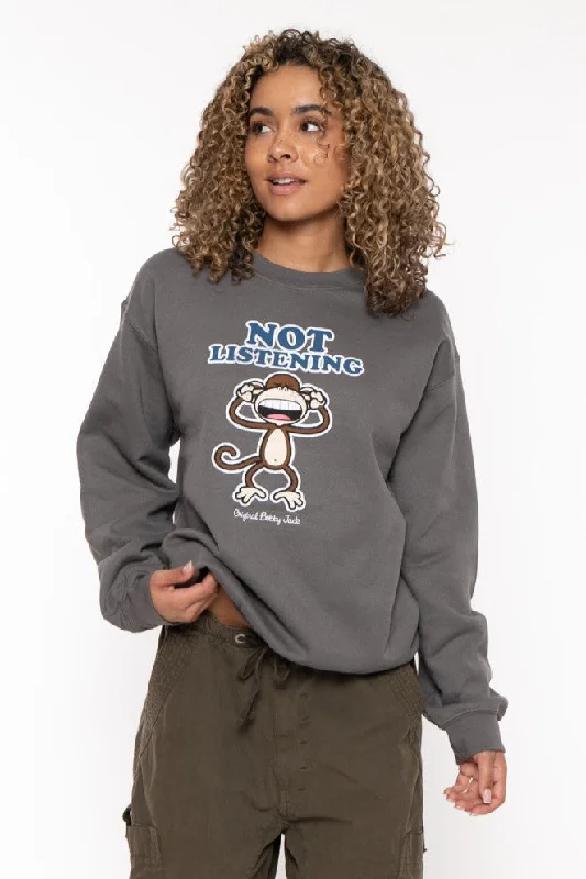 Not Listening - Bobby Jack Crew Sweatshirt - Charcoal Hoodie with Belted Waist Structured Tailored Not Listening - Bobby Jack Crew Sweatshirt - Charcoal Hoodie with Belted Waist Structured Tailored
