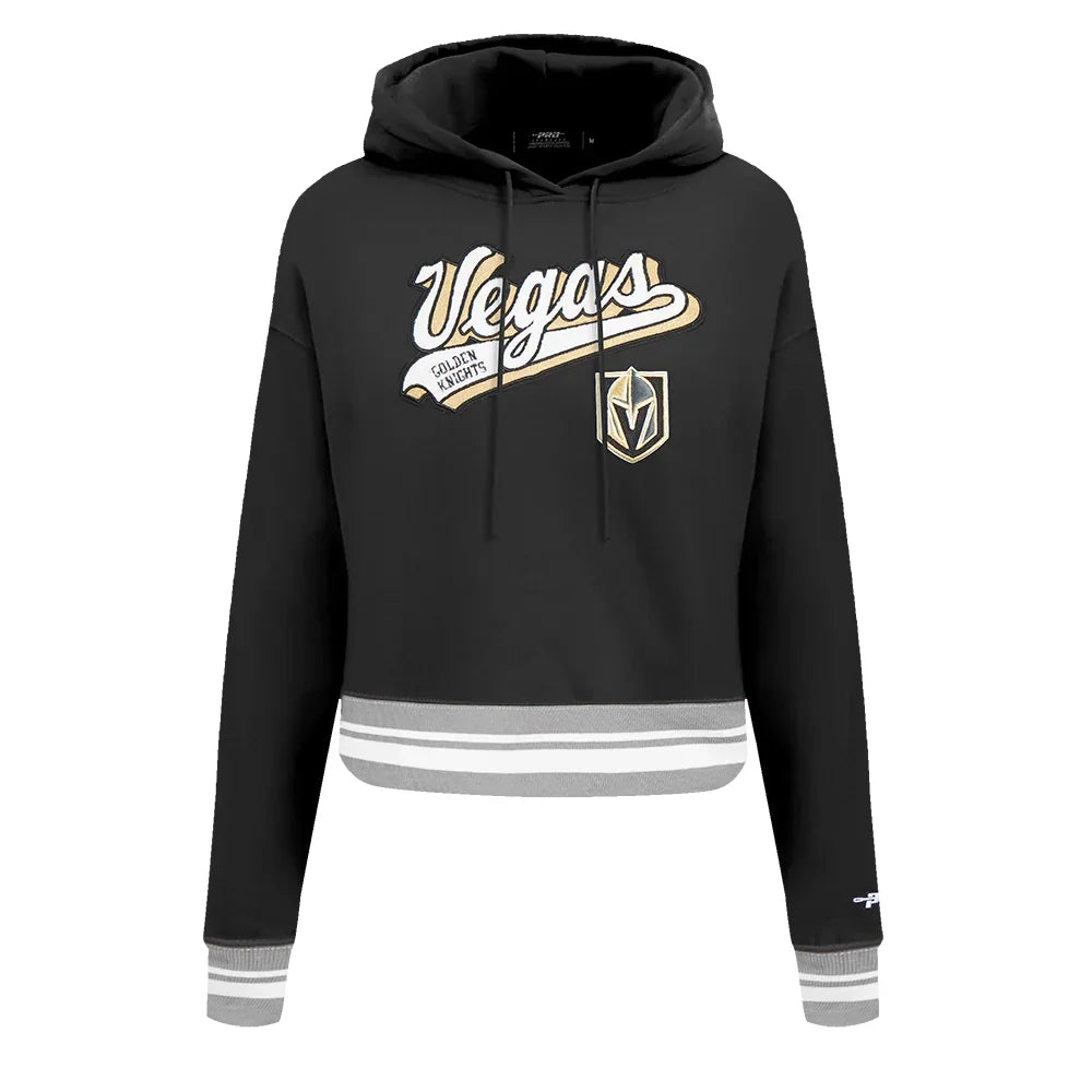 Women's Pro Standard Vegas Golden Knights Black Script Tail Fleece Cropped Pullover Hoodie Hoodie with Drawcord Adjustable Secure Women's Pro Standard Vegas Golden Knights Black Script Tail Fleece Cropped Pullover Hoodie Hoodie with Drawcord Adjustable Secure