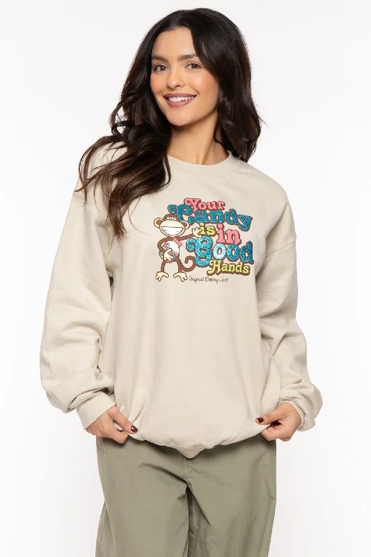 Your Candy -Bobby Jack Crew Glitter Sweatshirt - Sand Hoodie with Slit Hem Functional Movement Your Candy -Bobby Jack Crew Glitter Sweatshirt - Sand Hoodie with Slit Hem Functional Movement