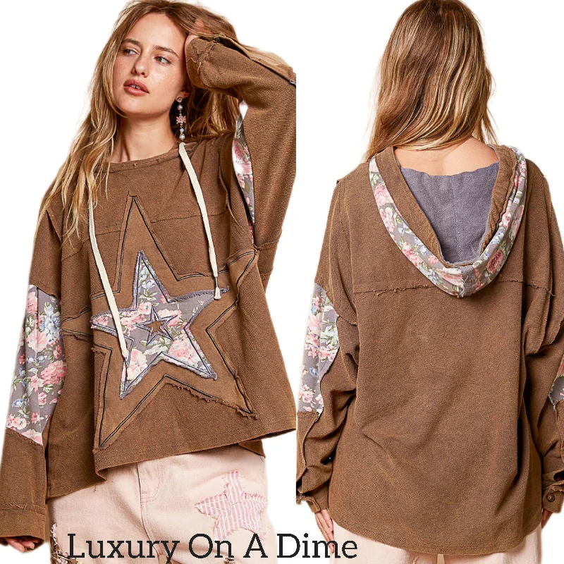 POL Hoodie French Terry Star Patchwork Raw Seam Oversized Top Hippie Boho Shirt Hoodie with Puffed Sleeves Voluminous Trendy POL Hoodie French Terry Star Patchwork Raw Seam Oversized Top Hippie Boho Shirt Hoodie with Puffed Sleeves Voluminous Trendy