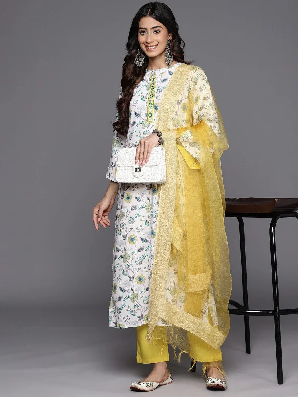 Varanga Floral Printed Regular Thread Work Kurta With Trousers & Dupatta Trousers Leather Faux Varanga Floral Printed Regular Thread Work Kurta With Trousers & Dupatta Trousers Leather Faux
