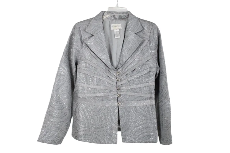 Victor Costa Occasion Silver Blazer Jacket | M Wool Fabric Cashmere Fabric Tweed Fabric Victor Costa Occasion Silver Blazer Jacket | M Wool Fabric Cashmere Fabric Tweed Fabric