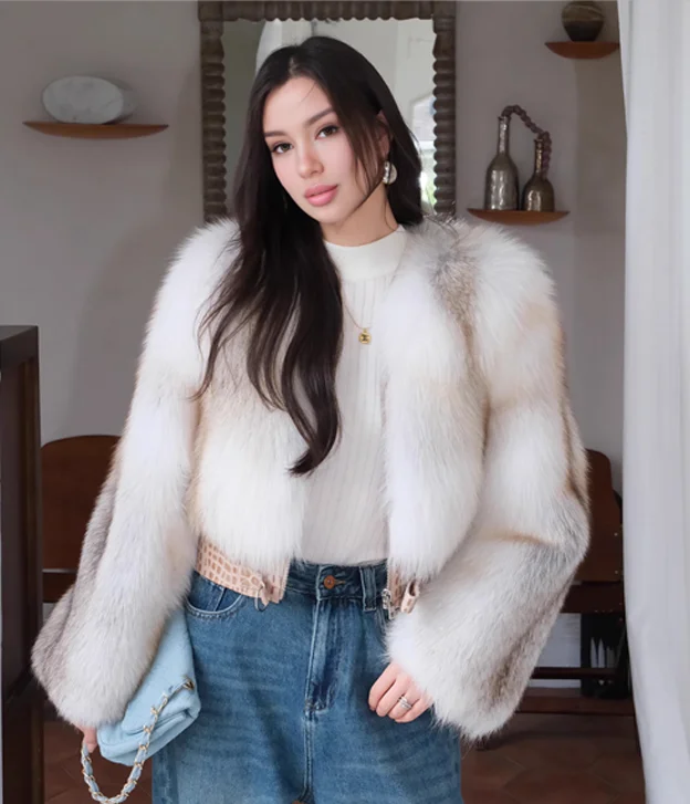 Women’s Arctic Marble Fox Jacket with Himalayan Crocodile Leather Faux Fur Jacket Real Fur Jacket Shearling Jacket Women’s Arctic Marble Fox Jacket with Himalayan Crocodile Leather Faux Fur Jacket Real Fur Jacket Shearling Jacket