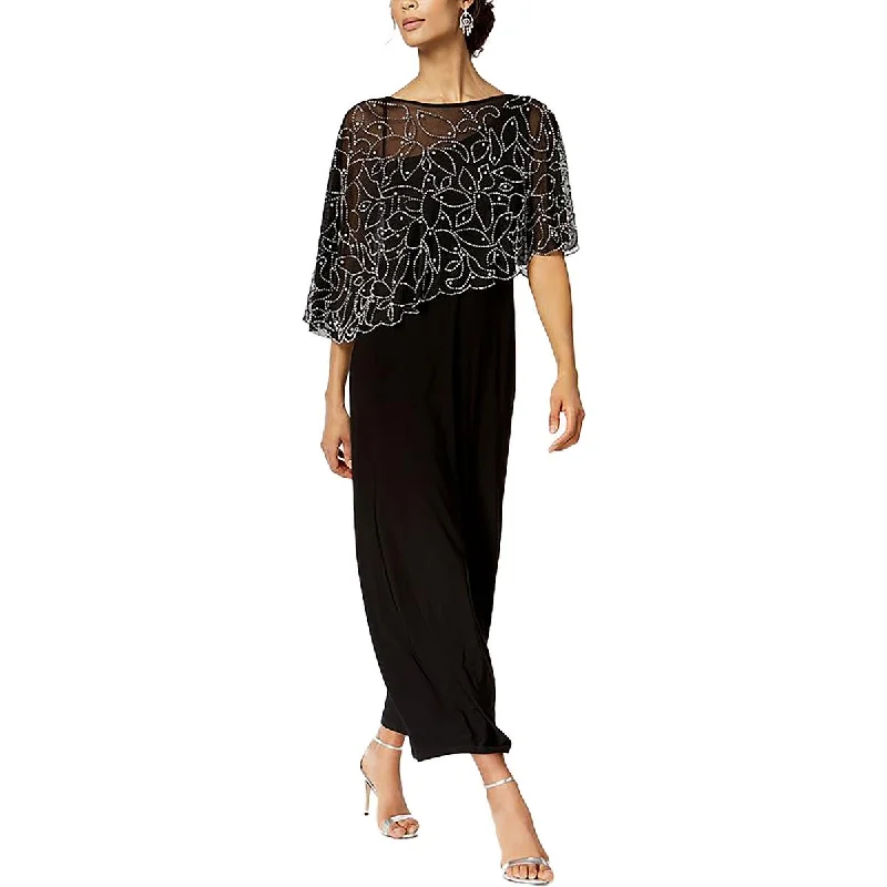 Womens Embellished Capelet Evening Dress