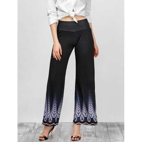 High Rise Printed Wide Leg Pants - Black L Stylish Slim Trousers