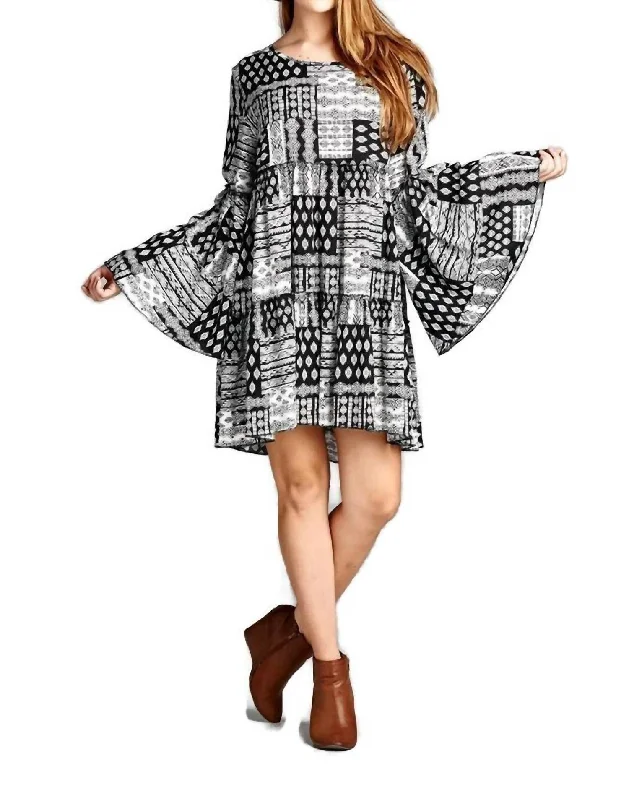 Multi-Pattern Bell Sleeve Dress In Black