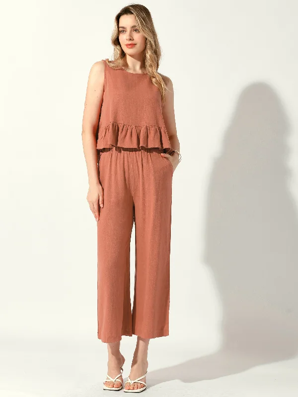 2 Piece Linen Ruffle Sleeveless Cropped Top & Solid Pants Trousers Trousers versatile all-occasion 2 Piece Linen Ruffle Sleeveless Cropped Top & Solid Pants Trousers Trousers versatile all-occasion