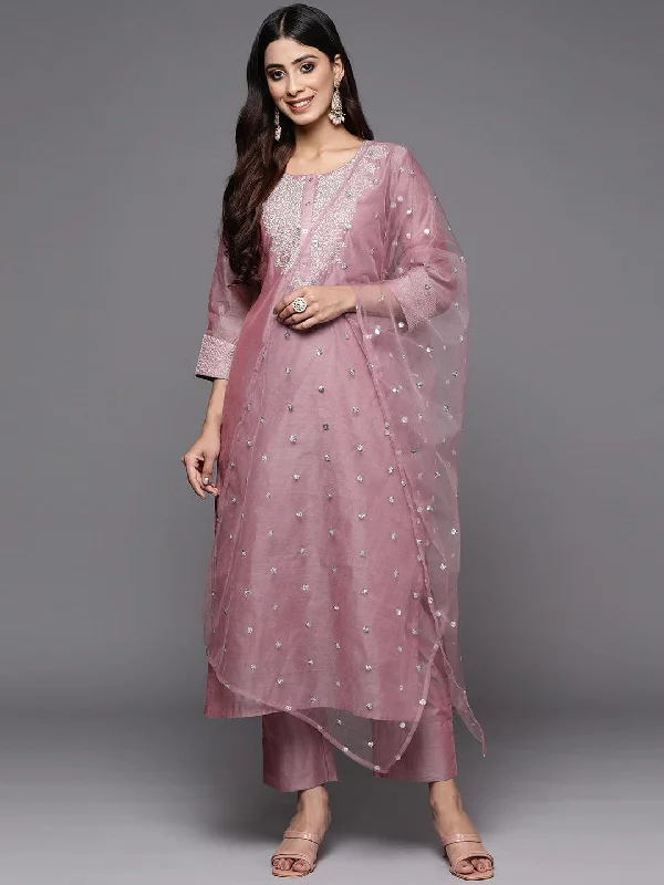 Varanga Women Mauve Zari Yoke Design Chanderi Silk Kurta with Trousers & Dupatta Trousers Running Lightweight Varanga Women Mauve Zari Yoke Design Chanderi Silk Kurta with Trousers & Dupatta Trousers Running Lightweight