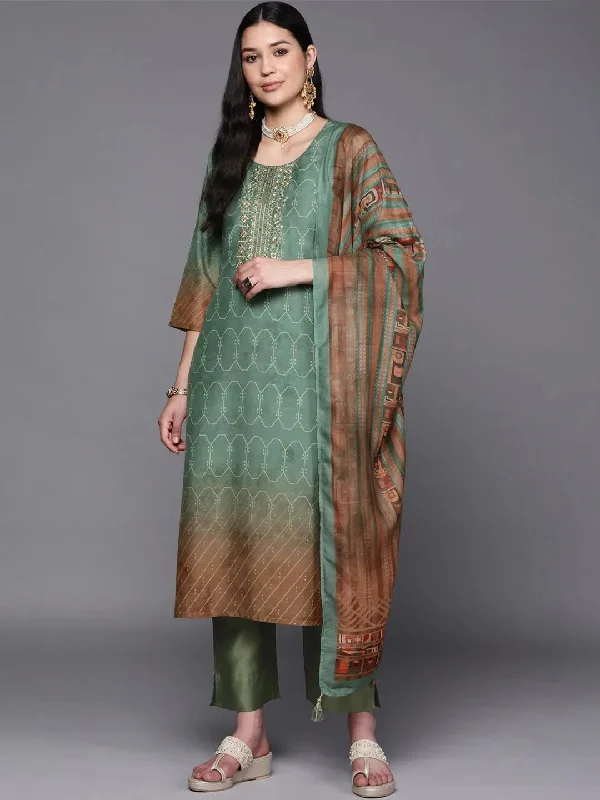 Green Yoke Design Silk Blend Straight Kurta With Trousers & Dupatta Trousers Capri Summer Green Yoke Design Silk Blend Straight Kurta With Trousers & Dupatta Trousers Capri Summer