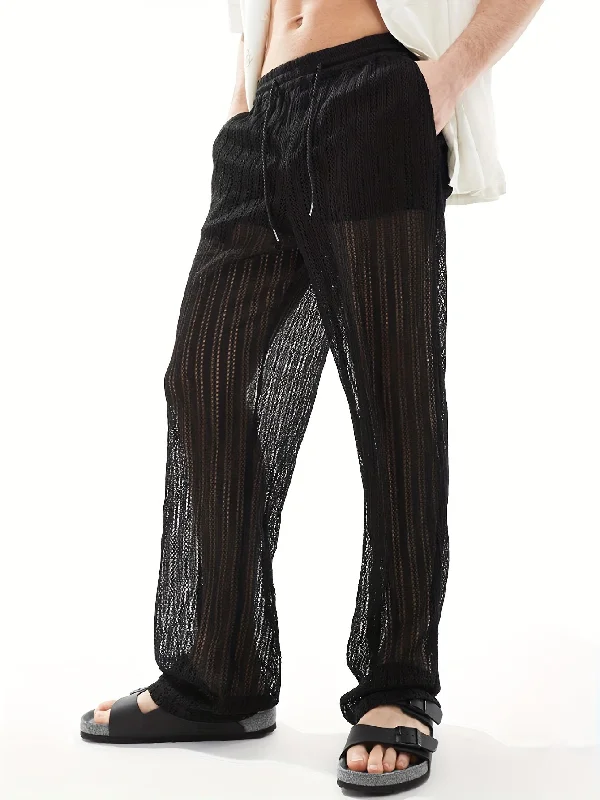 Men's Loose Mesh Striped Barrel Pants With Pockets, Casual Drawstring Trousers For Fall Outdoor Activities Gift Trousers cozy comfortable Men's Loose Mesh Striped Barrel Pants With Pockets, Casual Drawstring Trousers For Fall Outdoor Activities Gift Trousers cozy comfortable
