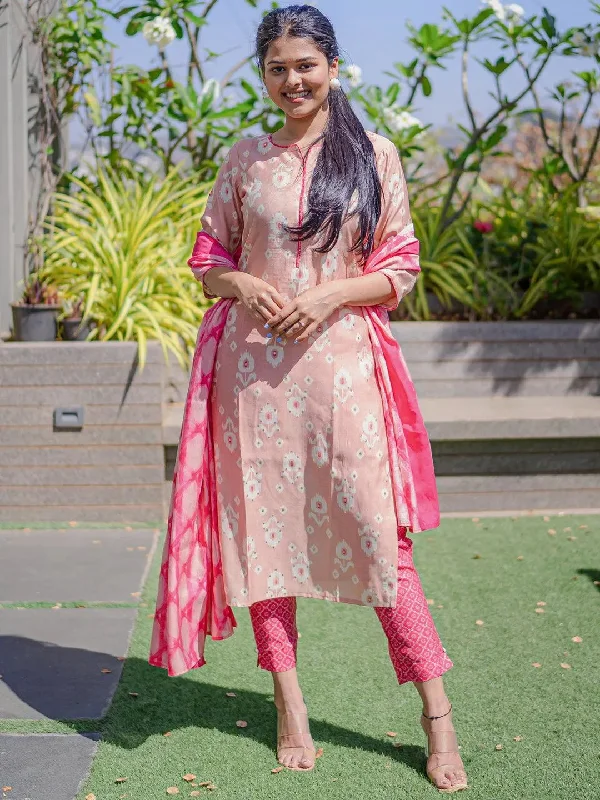 Pink Printed Silk Blend Straight Kurta With Trousers & Dupatta Trousers Yoga Stretchy Pink Printed Silk Blend Straight Kurta With Trousers & Dupatta Trousers Yoga Stretchy