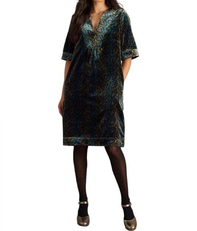 Ash Velvet Mix Dress In Teal Print