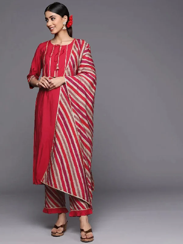 Red Yoke Design Silk Blend Straight Kurta With Trousers & Dupatta Trousers Occasion Special Red Yoke Design Silk Blend Straight Kurta With Trousers & Dupatta Trousers Occasion Special
