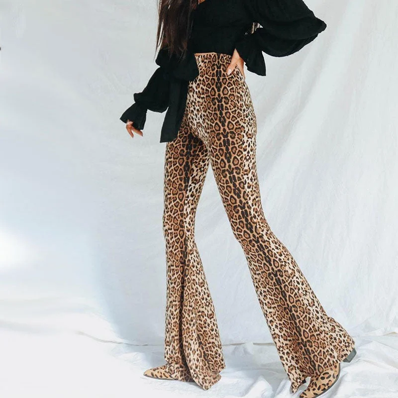 Leopard Print High Waist Flare Pants Casual Wide Pants