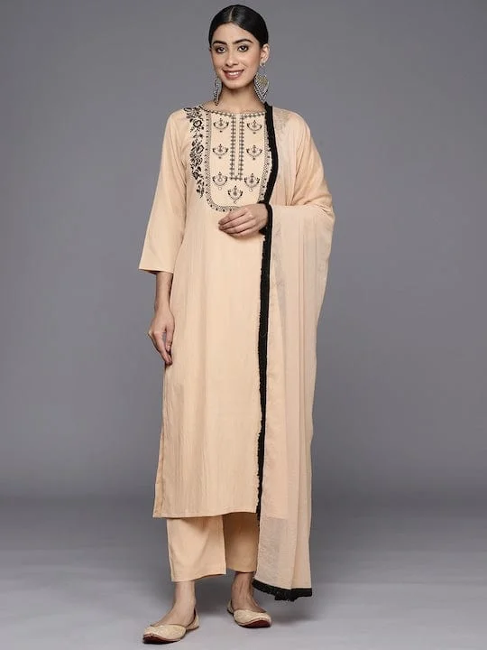 Varanga Women Biege Floral Yoke Design Regular Thread Work Silk Crepe Kurta with Trousers & Dupatta Trousers Solid Black Varanga Women Biege Floral Yoke Design Regular Thread Work Silk Crepe Kurta with Trousers & Dupatta Trousers Solid Black