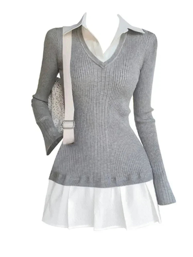 Advbridge 2024 Summer Preppy Style Fake Two Pieces Mini Knitted Shirts Dress Women Gyaru 2000s Aesthetic Vintage Long Sleeve One-Piece