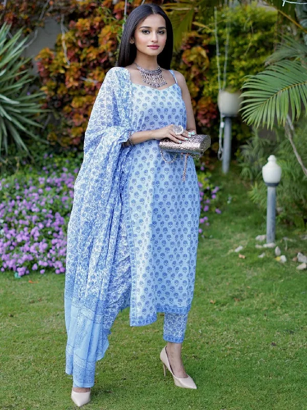Blue Printed Cotton Straight Kurta With Trousers & Dupatta Trousers versatile all-occasion Blue Printed Cotton Straight Kurta With Trousers & Dupatta Trousers versatile all-occasion