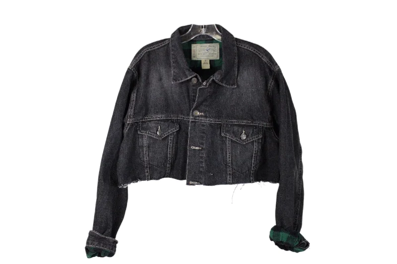 RedHead Black Wash Denim Distressed Crop Jean Jacket | M Welt Pockets Slit Pockets Flap Pockets RedHead Black Wash Denim Distressed Crop Jean Jacket | M Welt Pockets Slit Pockets Flap Pockets