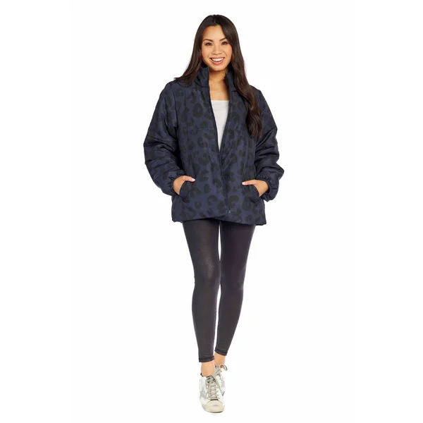 Wade Leopard Puffer Jacket in Navy by Mudpie Nylon Fabric Polyester Fabric Spandex Fabric Wade Leopard Puffer Jacket in Navy by Mudpie Nylon Fabric Polyester Fabric Spandex Fabric