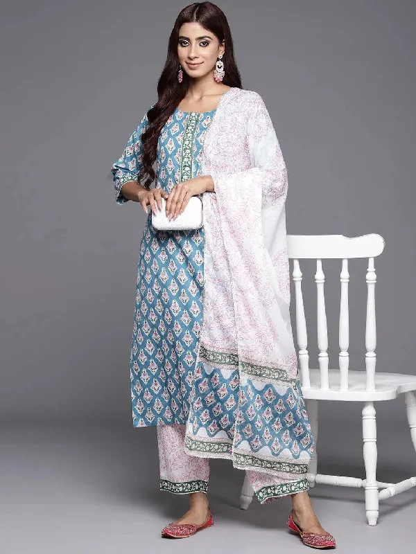 Blue Printed Cotton Straight Kurta With Trousers & Dupatta Trousers Elastic Waist Soft Blue Printed Cotton Straight Kurta With Trousers & Dupatta Trousers Elastic Waist Soft