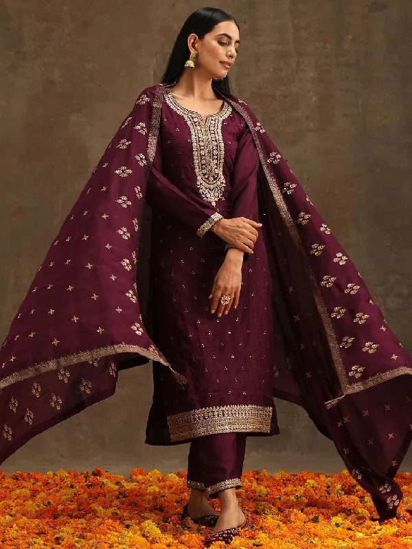 Purple Embroidered Silk Blend Straight Kurta With Trousers & Dupatta Trousers Prom Sequined Purple Embroidered Silk Blend Straight Kurta With Trousers & Dupatta Trousers Prom Sequined