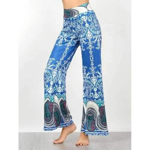 Vintage High Waisted Paisley Print Palazzo Pants - Blue L High-Waist Trousers