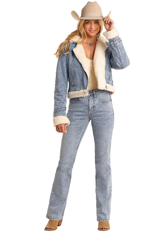 Women's Rock & Roll Sherpa Lined Denim Jacket Satin Fabric Silk Fabric Chiffon Fabric Women's Rock & Roll Sherpa Lined Denim Jacket Satin Fabric Silk Fabric Chiffon Fabric