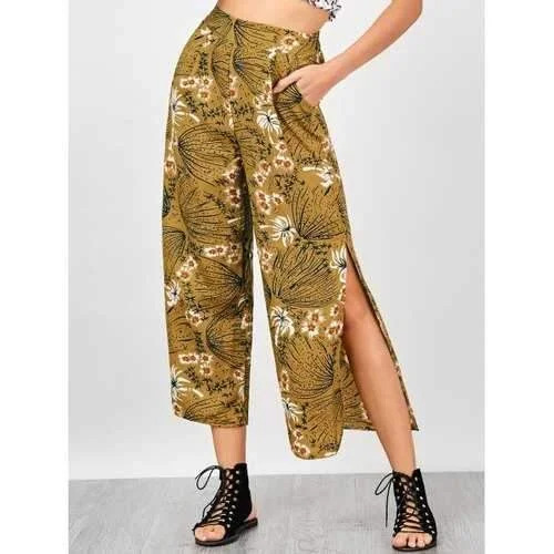 Print Side Slit Palazzo Pants - Yellow M Fashionable Tapered Leg Pants