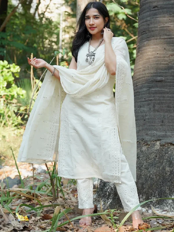 Off-White Embroidered Cotton Straight Kurta With Trousers & Dupatta Trousers versatile functional Off-White Embroidered Cotton Straight Kurta With Trousers & Dupatta Trousers versatile functional